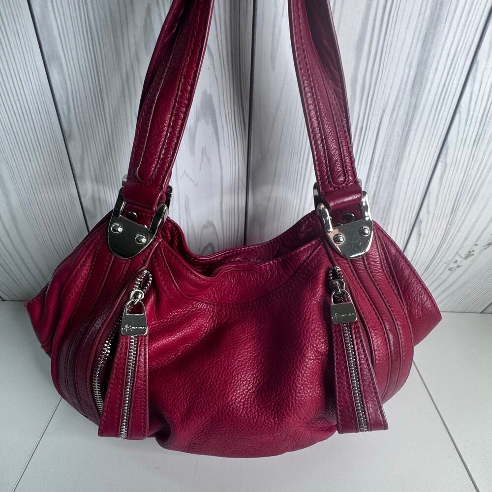 Vintage Y2K Shoulder Bag Red B. Makowsky Pebble Leather  Satchel Retro Silver